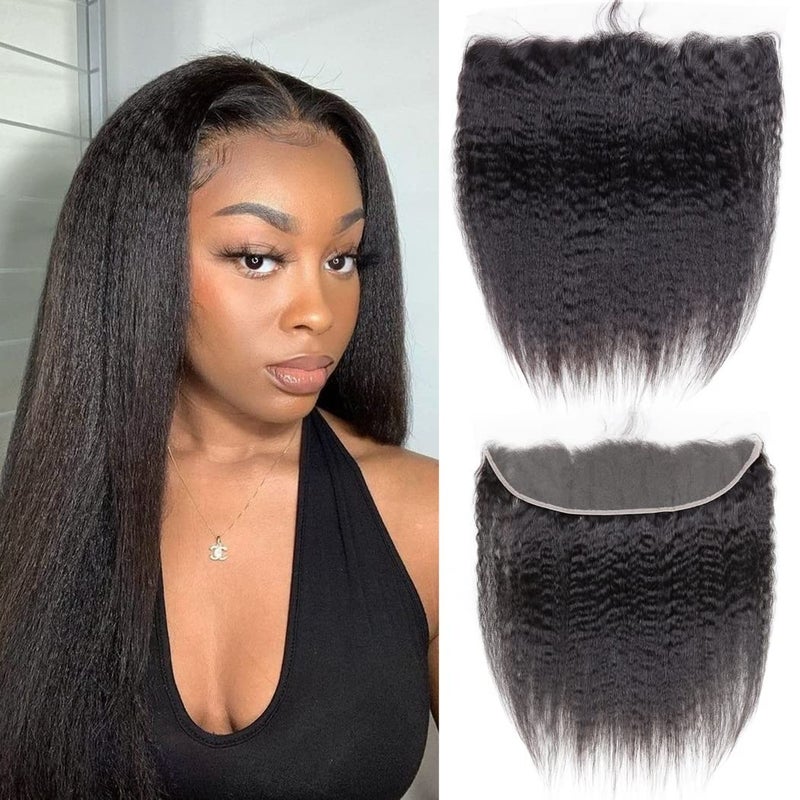Odir 13x4 Lace Closure Frontal 180 Density Kinky Straight Brazilian Human Hair 14 Inch Unprocessed 9A Yaki Straight Virgin Hair 13x4 Ear to Ear Lace Frontal with Baby Hair Natural Color